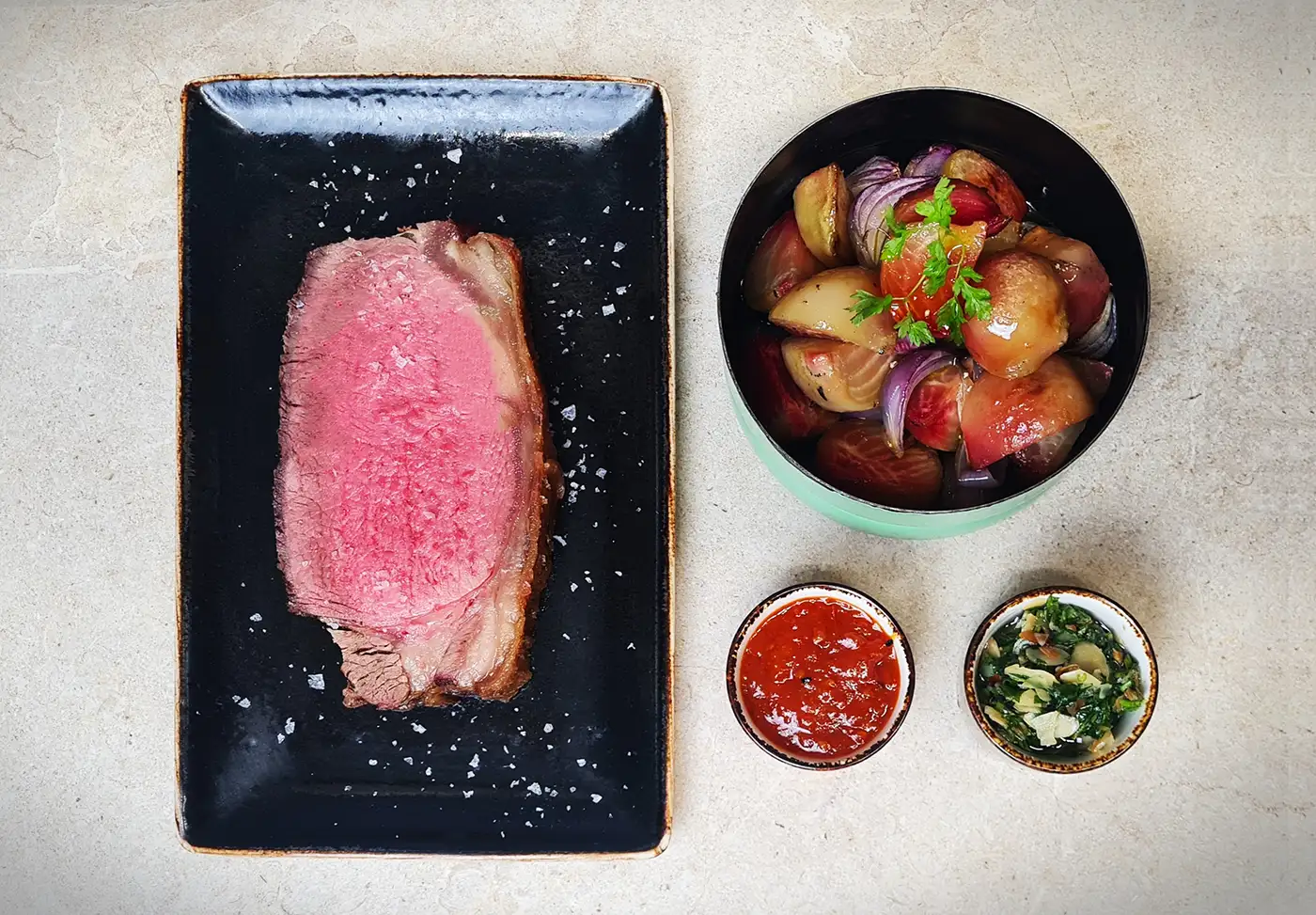Asado Beiried Schmorgemuese Chimichurri Tomatenmarmelade
